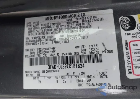 2012 Ford Fusion Hybrid z USA, uszkodzony, nr VIN 3FADP0L39CR181824